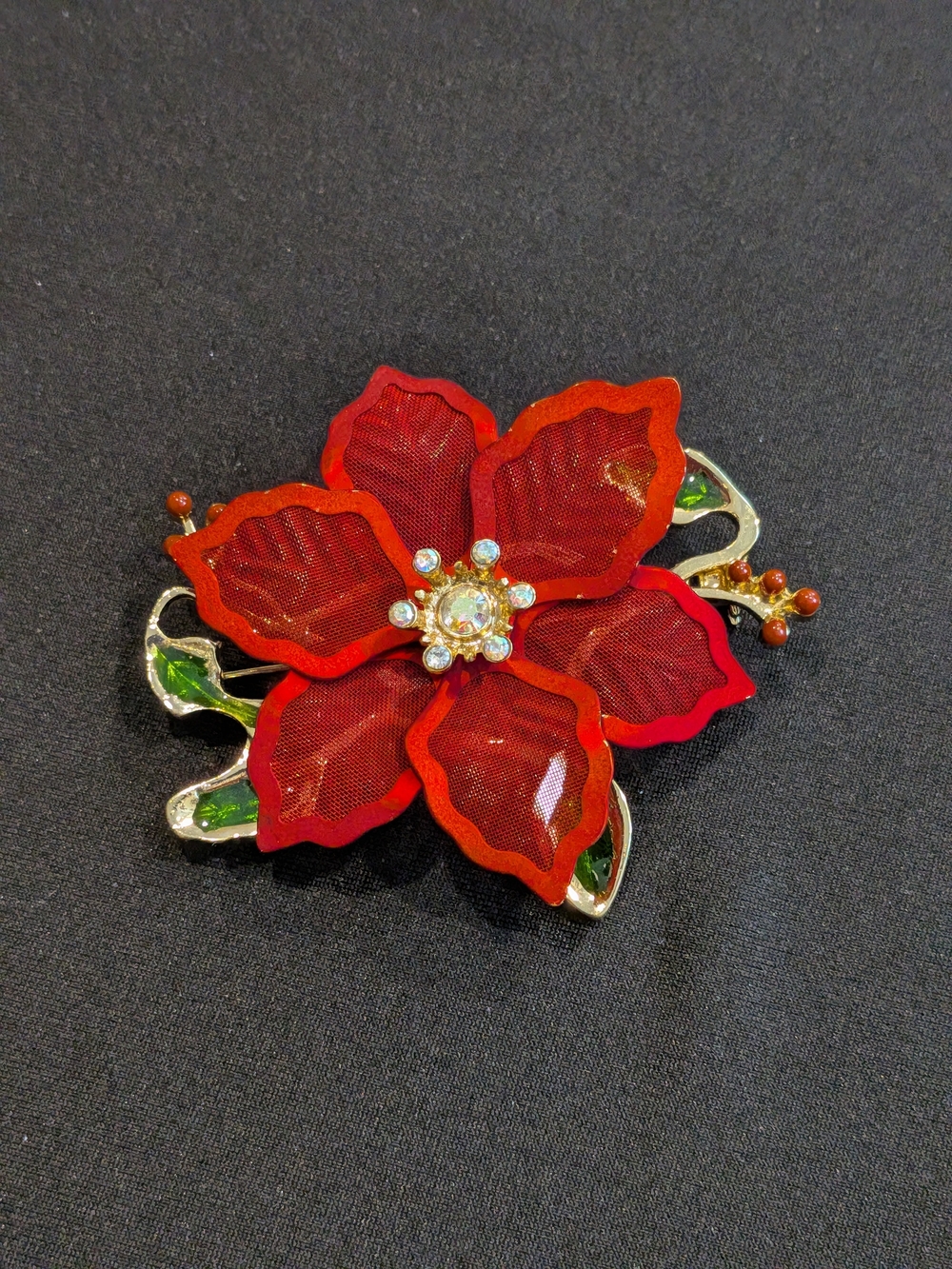 Vintage 2007s Signed Kenneth Cole Red Mesh Christmas Poinsettia Brooch